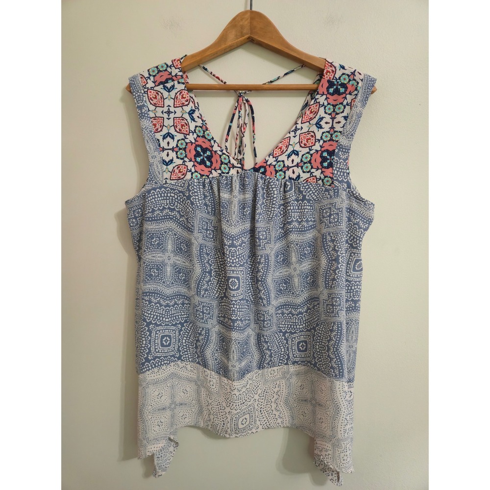 Knox Rose Mixed Print Sleeveless Blouse Floral Tassel XL Sharkbite Hem